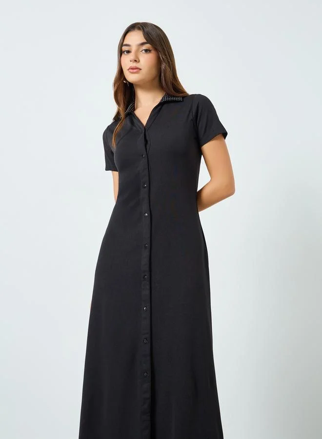 Styli Women Studded Collar Shirt Maxi Dress